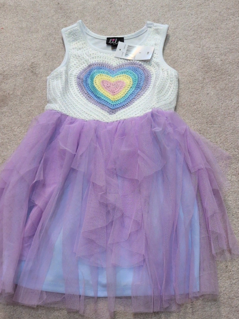 Lily- Girls' White & Purple Heart Tulle Dress (Size 5)